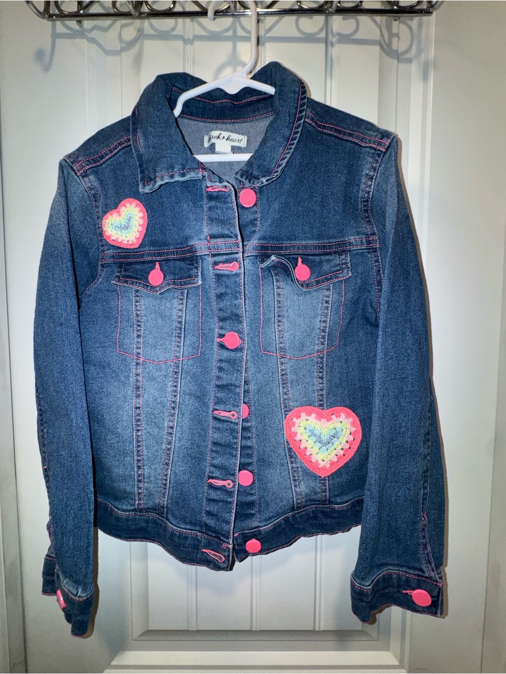 Derek Heart Dark Blue Denim Jacket with Pink Accents and Rainbow Heart Patches